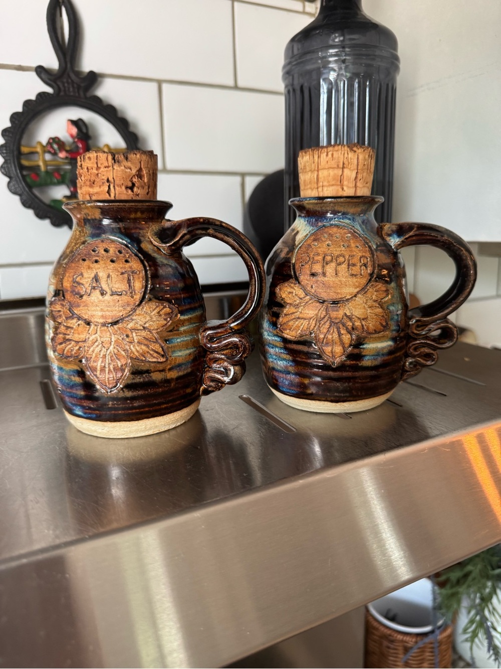 Vintage Pottery Handmade Salt and Pepper Shakers with Handles